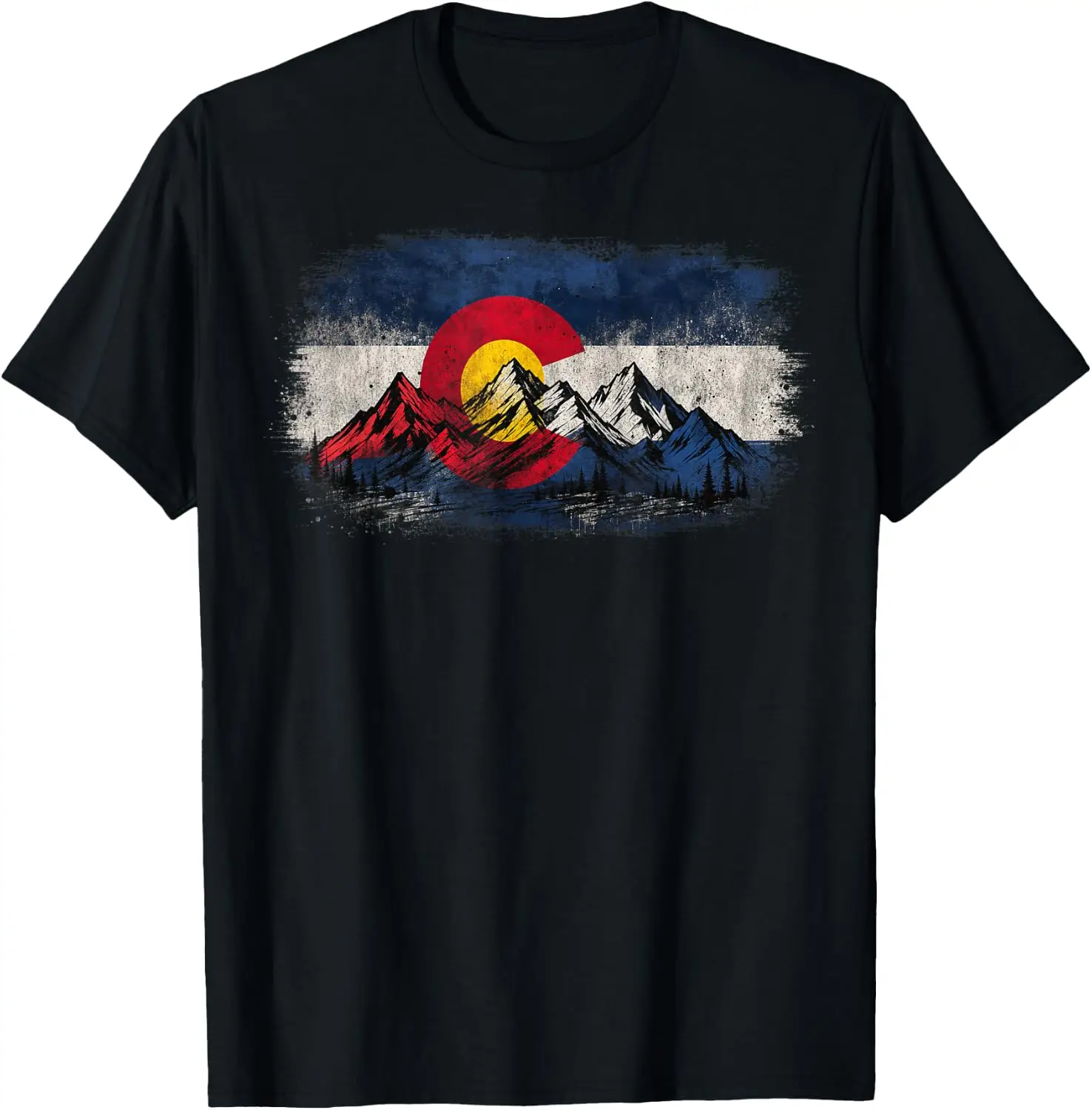 Colorado Mountain Range With State Flag Design T-Shirt Unisex Fashion Printed T‑Shirt for Men Women, 100% Cotton Crew Neck Soft Lightweight Anti‑Pilling Tees,fashion printed t‑shirt, unisex graphic tee, , casual gift t‑shirt