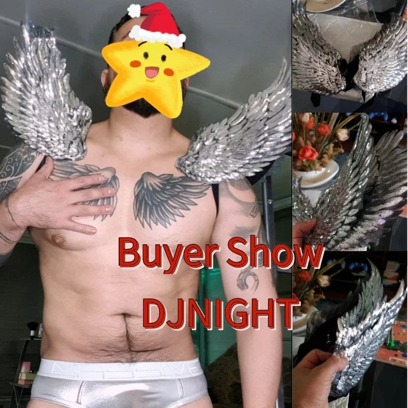 ゴールドスパンコール 3D 羽ナイトクラブ DJ 男性ステージキャットウォークゴーゴーパフォーマンスアクセサリー男性蛍光色肩飾り 2490