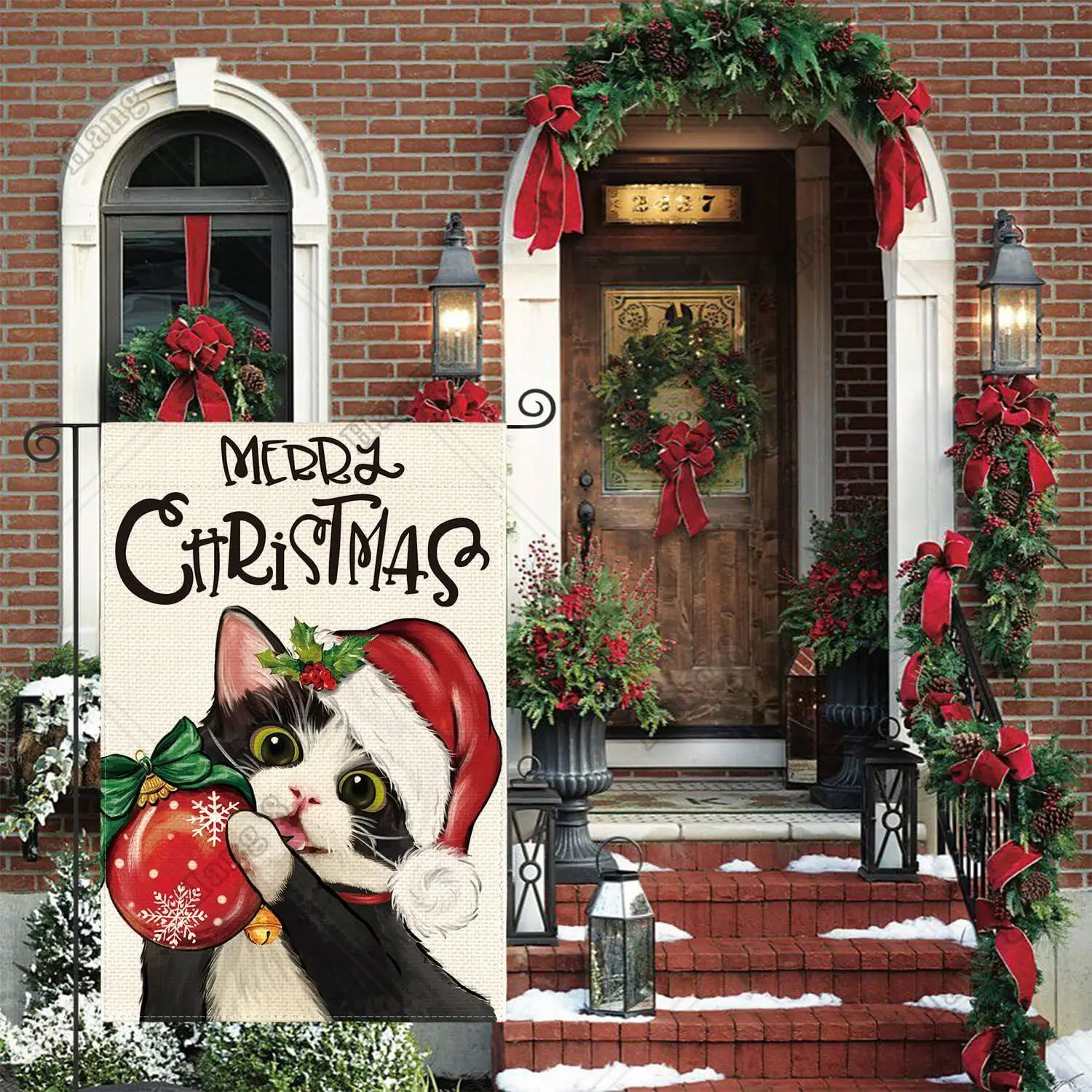 Cute Santa Hat Tuxedo Cat Merry Christmas Garden Flag 12x18 Inch Double Sided Festive Holiday Yard Outdoor Decorative Flags