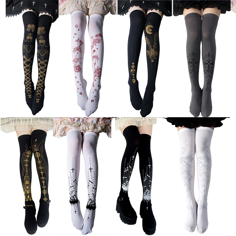 Japanese Original Lolita Bronzing Print Knee Stockings Lolita Thigh Socks Soft Sister Tall Velvet Pantyhose for Women