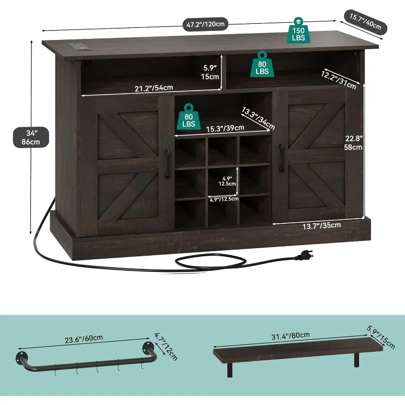 Farmhouse Sideboard Buffet Cabinet with Floating Shelves, 47