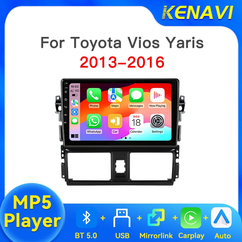 2Din Car Stereo Radio For Toyota Vios Yaris 2013-2016 With Wireless Carplay Android Auto FM BT MP5 Center Multimedia Head Unit
