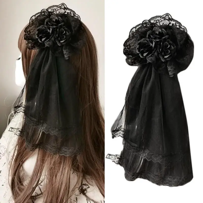 

652F Girls Lace Veil Rose Hairpin Flower Barrette Party Headdress Cosplay Party Elegant Accessories