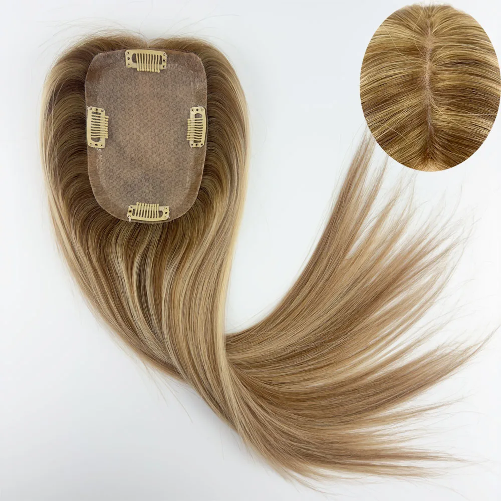 14/16 inches Hair Toppers For Women European Virgin Human Hair Blonde Color With Highlight Silk Base Clips in Hair Straight