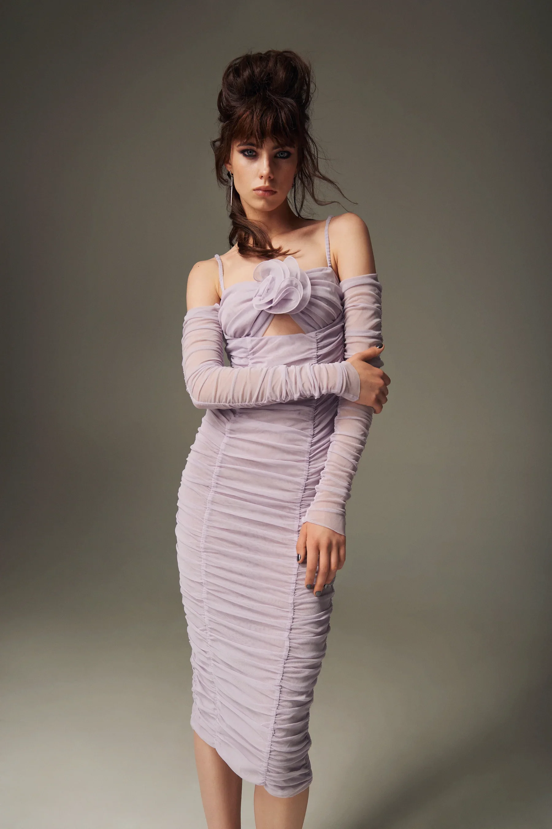 

Violet Off Shoulder Prom Flower Appliques Bodycon Party Mesh Dress Sexy Long Sleeve Celebrity Evening Runway Cocktail Club Dress