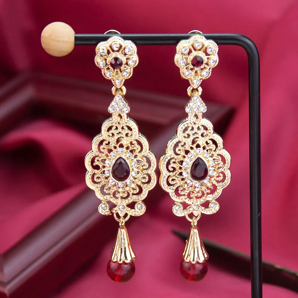 Sunspicems Chic Moroccan Earring For Women Algeria Crystal Ball Long Earring Traditional Arabesque Bride Wedding Jewelry