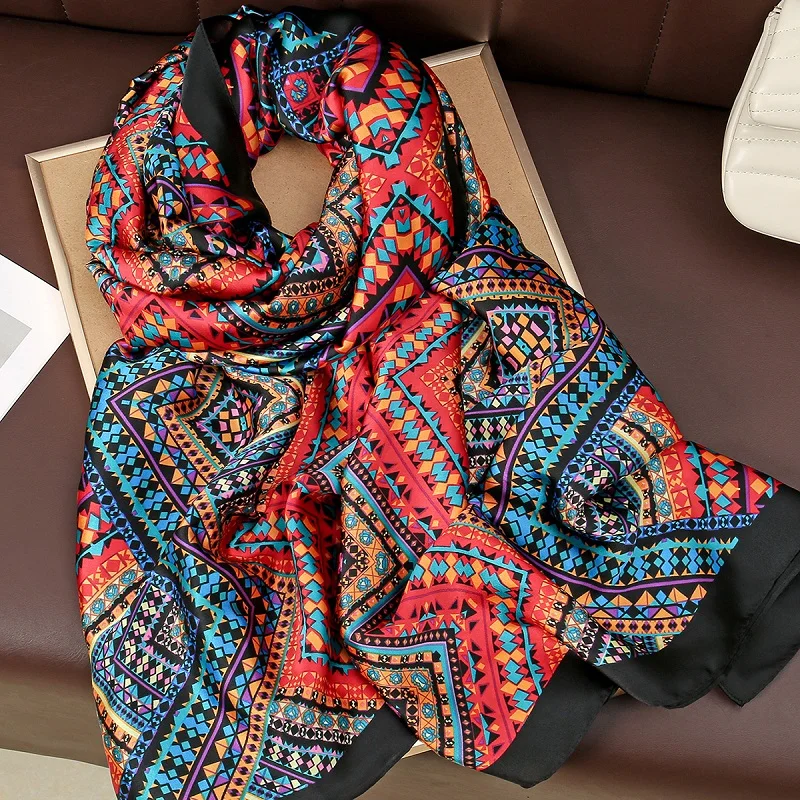 2024 New Stain Silk Scarf Ethnic Style Shawl Women Printed Neckscarf Smooth Stoles Soft Neckerchief Hijab Beach Foulard Pashmina