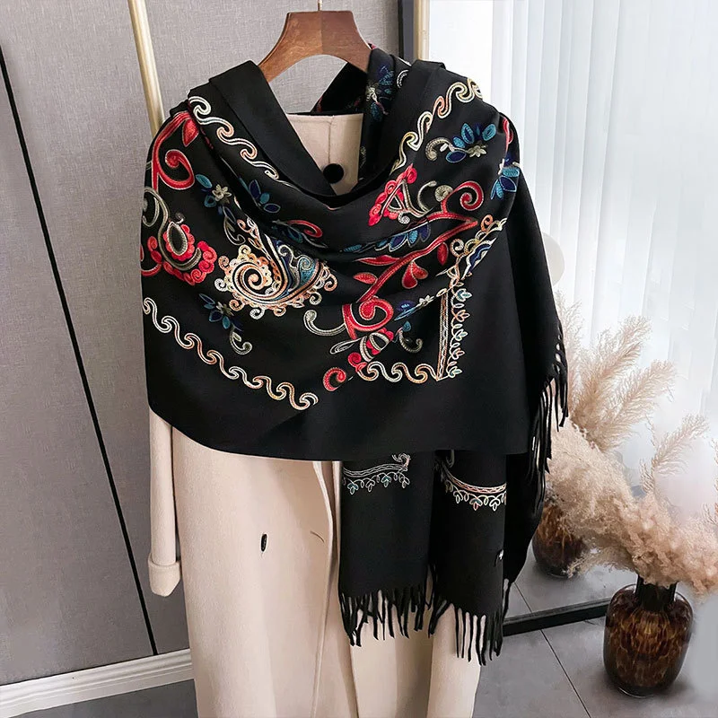 Autumn and Winter Travel Warm Cashmere Shawl Scarf Fashion Women Embroidery Print Pashmina Blanket Wraps Female Poncho Bufanda