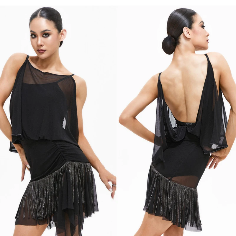 

Women Chacha Latin Dance Costumes Adults Rumba Latin Dance Clothing Sexy Mesh Latin Top Tassels Skirts Dancing Clothes SL14698