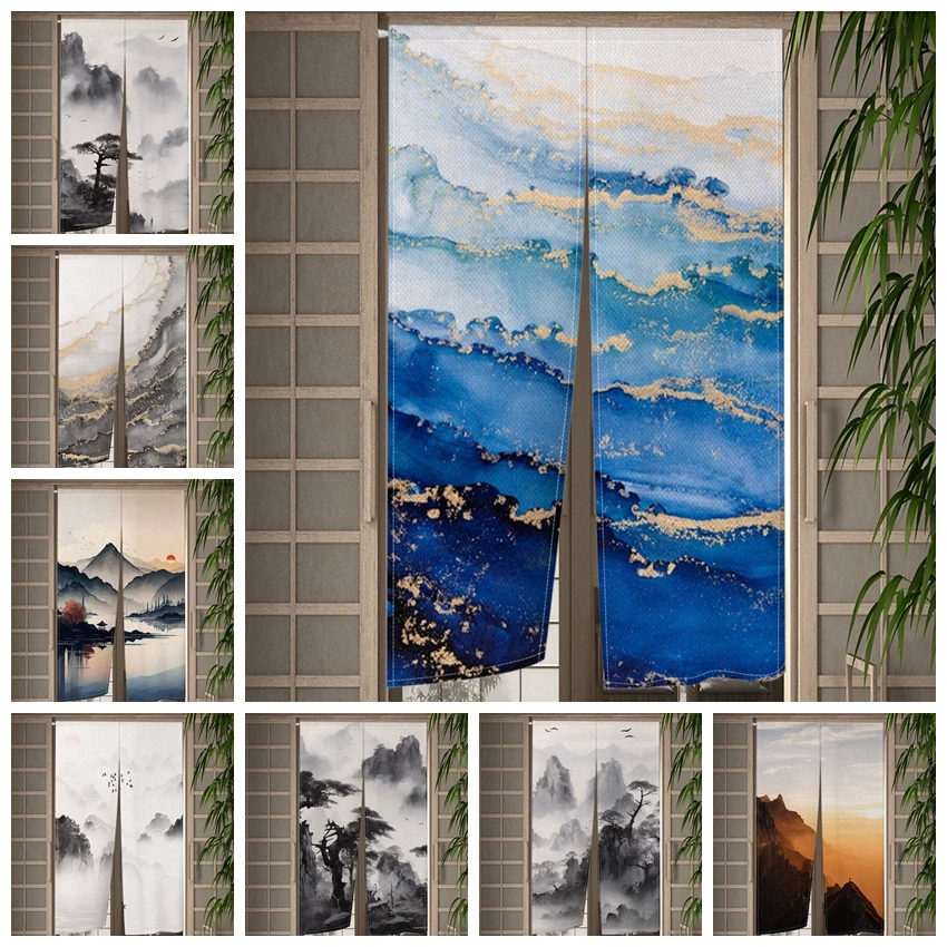 Noren Japanese Linen Door Curtains Chinese Ink Landscape Painting Kitchen Home Room Partition Hanging Half-split Door Curtains