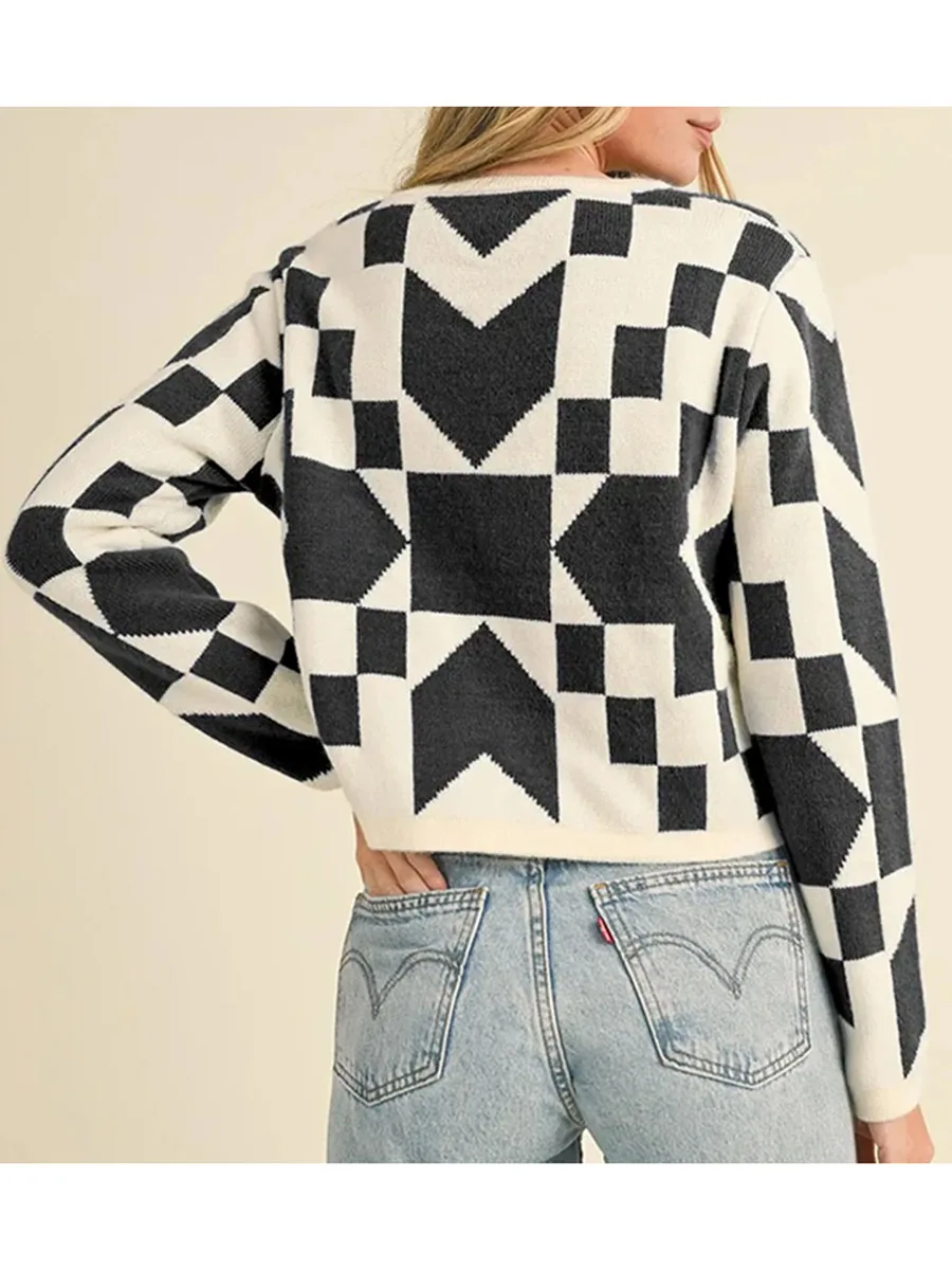 Women s Autumn Sweater Cardigan Geometric Pattern Print Long Sleeve Tie Front Knitwear