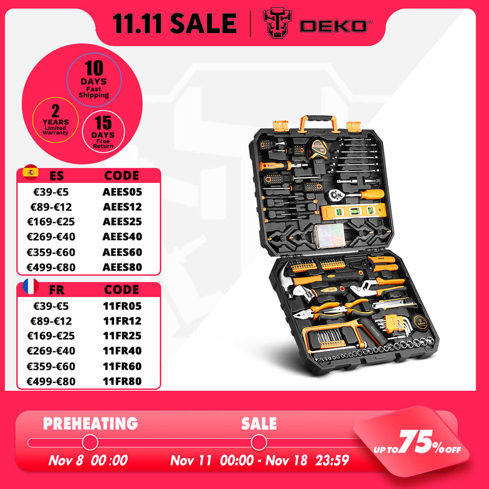 DEKO 168Pcs/208Pcs Hand Tool edc. Woodworking Multi Tools with Tool Box Include Socket Set Torque Wrench Hammer Knife