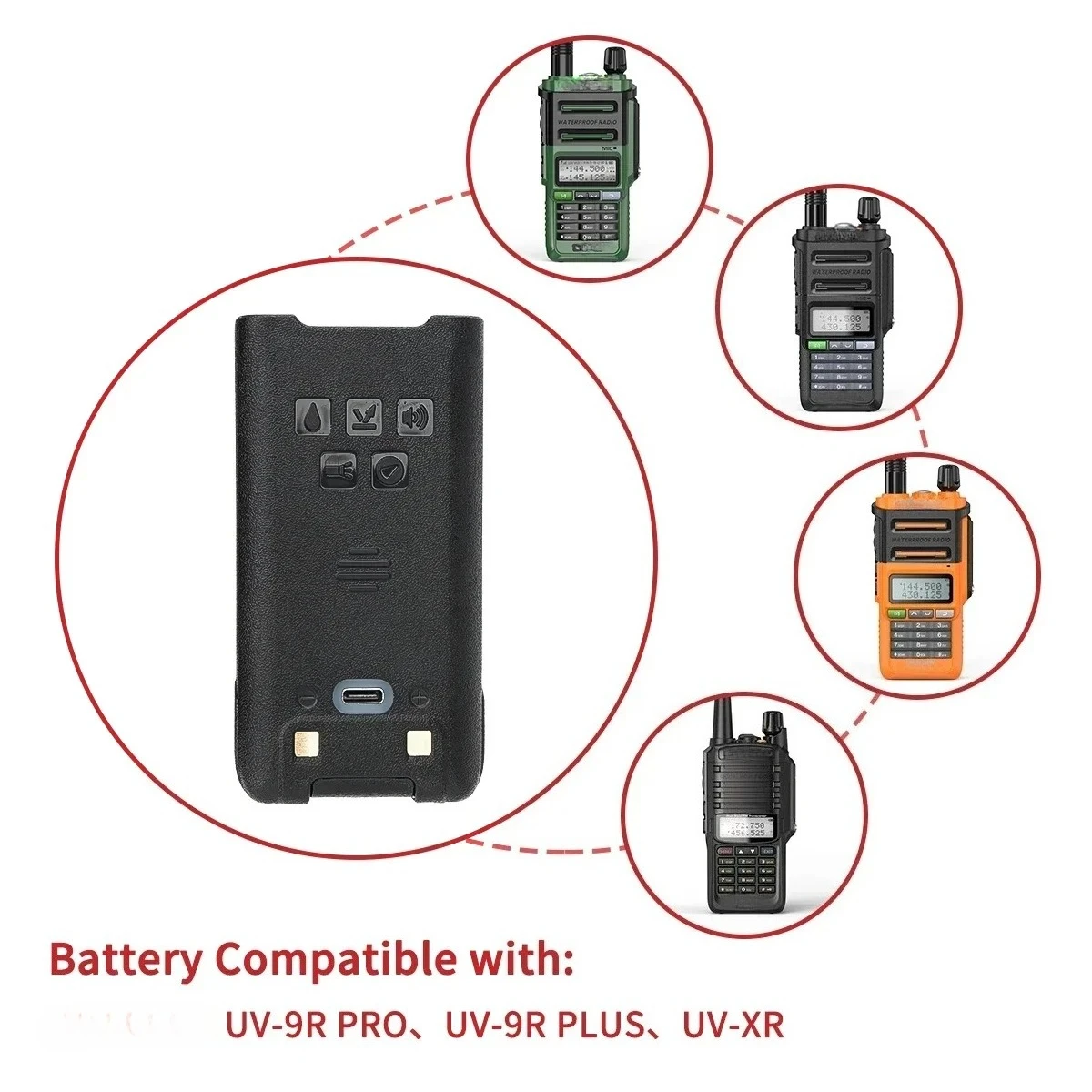 7.4V UV-9R Pro Li-ion Battery Compatible with Baofeng Walkie BL-9 IP68 Waterproof Support Type-C Charge for UV-9R Plus UV-XR