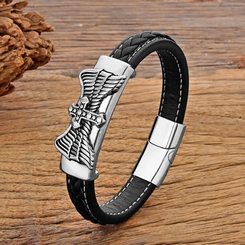 스트리트 락 스테인레스 스틸 크로스 남성 팔찌, 금속 네이비 윈드 앵커, 빈티지 가죽 뱅글, 유니섹스 쥬얼리, 남자친구 선물