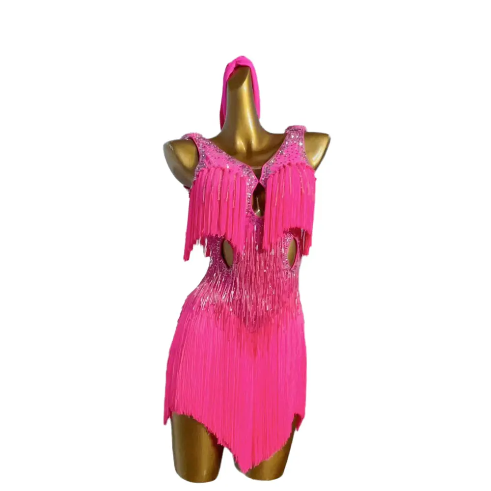 Latin Dance International Stage Women's Wear High end Customized Hollow out Tassel Dance Skirt Samba Water Diamond Dress