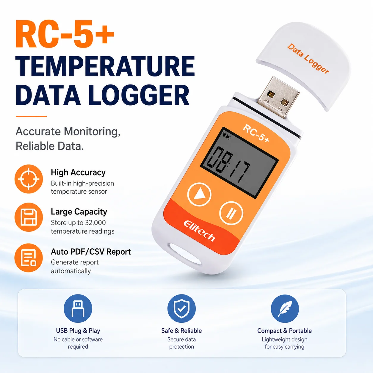RC-5+ USB Temperature Data Logger -30°C to 70°C 32000 Points PDF Report for Cold Chain Warehouse Food Storage Laboratory