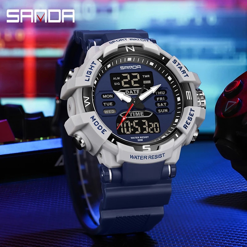 

SANDA New Men's Watch Dual Display Quartz Male Fashion Sports Watches 50M Waterproof LED Digital Electron Chronograph Wristwatch