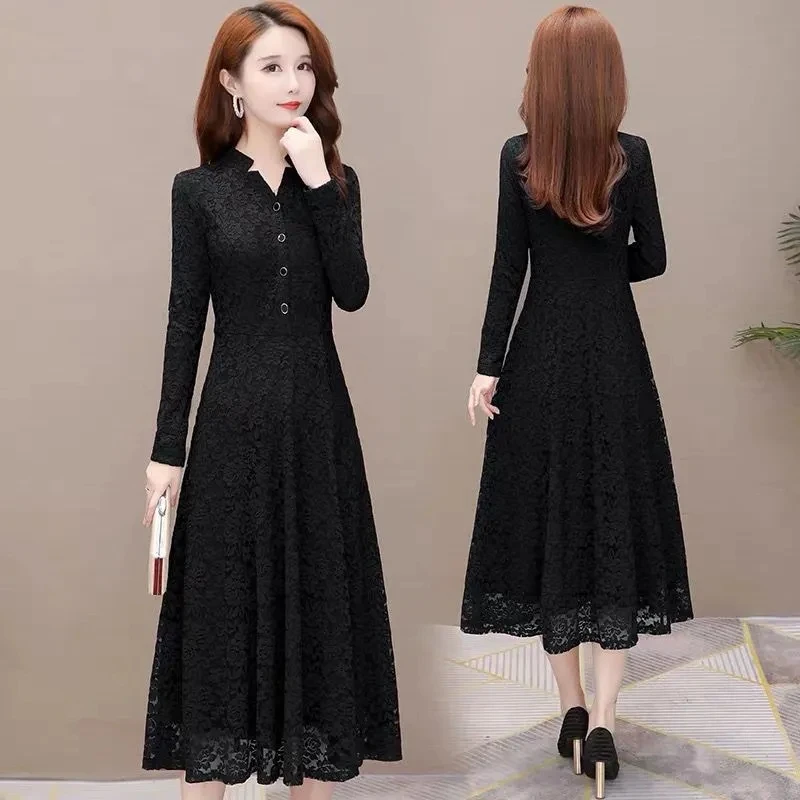 5XL Women\'s Lace Dress Autumn Winter New Long Sleeve Add Velvet Dress Female Elegant Knitted A-line Long Veatidos