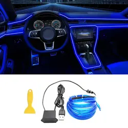 Tira de luces Led para Interior de coche, Lámpara decorativa de neón EL, cableado para Auto, bricolaje, luz ambiental Flexible, diodo de Ambiente de fiesta USB, 5M