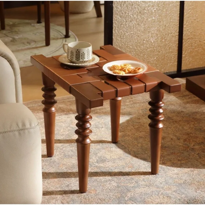 French retro solid wood bench, porch saddle leather woven shoe changing stool, bedroom end stool