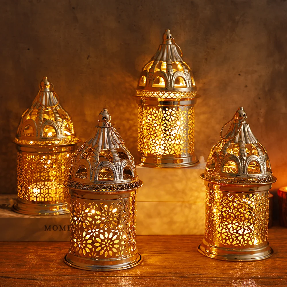 Ramadan Decoration 2023 Eid LED Lights tower Mosque Lantern Eid Mubarak Festival Warm Light with Music Desktop Lamp Iron Crafts