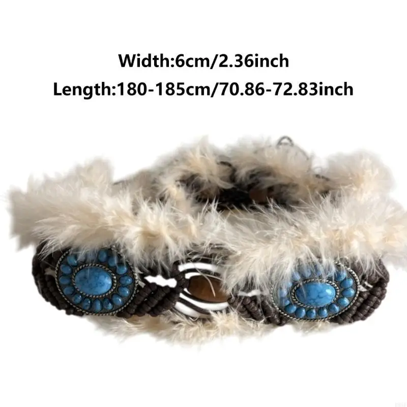 

B95F Women Wax Rope Plush Belt Bohemian Fringed Turquoise Belt Vintage Accessories