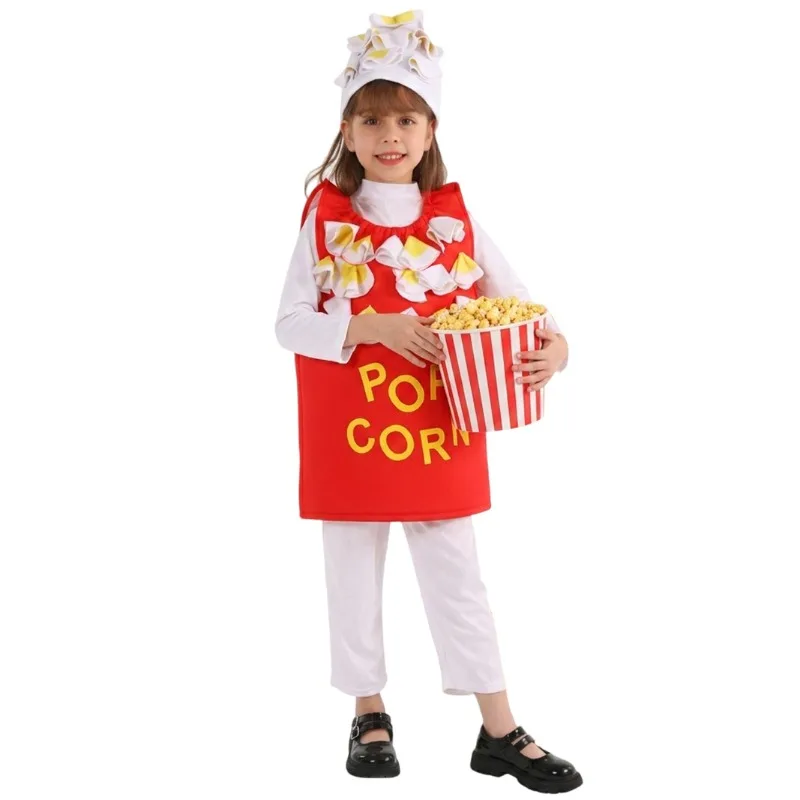 

Popcorn Cosplay Snacks Food Costume Corn Red Top Hat White Jumpsuit Full Set Role Play Outfit for Girls Boys Theme Party