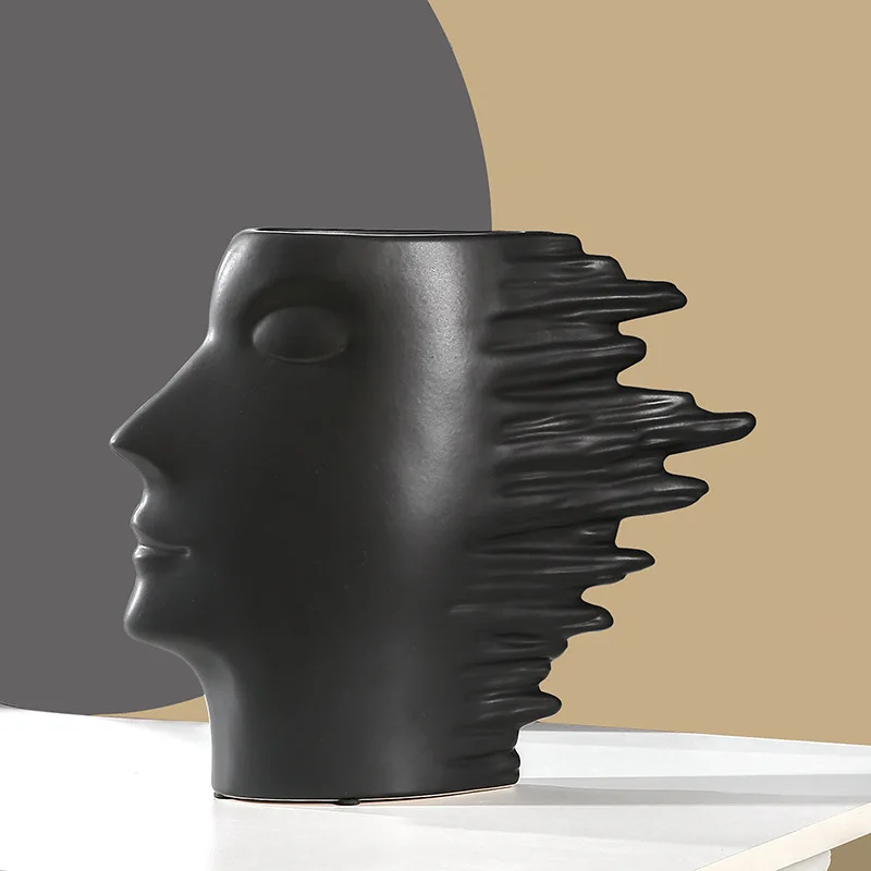 2026 Modern Artistic Abstract Face Ceramic Vase Black White Gradient Sculpture Design Desktop Flower Pot For Home Office Decor