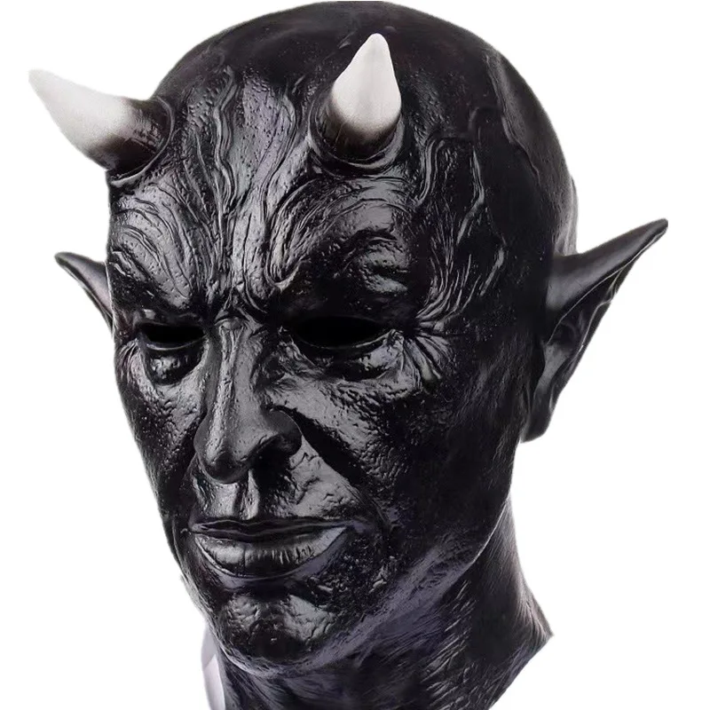 Niu Horn Demon Head Cover New Black Full Face Latex Head Cover Haunted House Secret Room Scary Dressed Horn Mask
