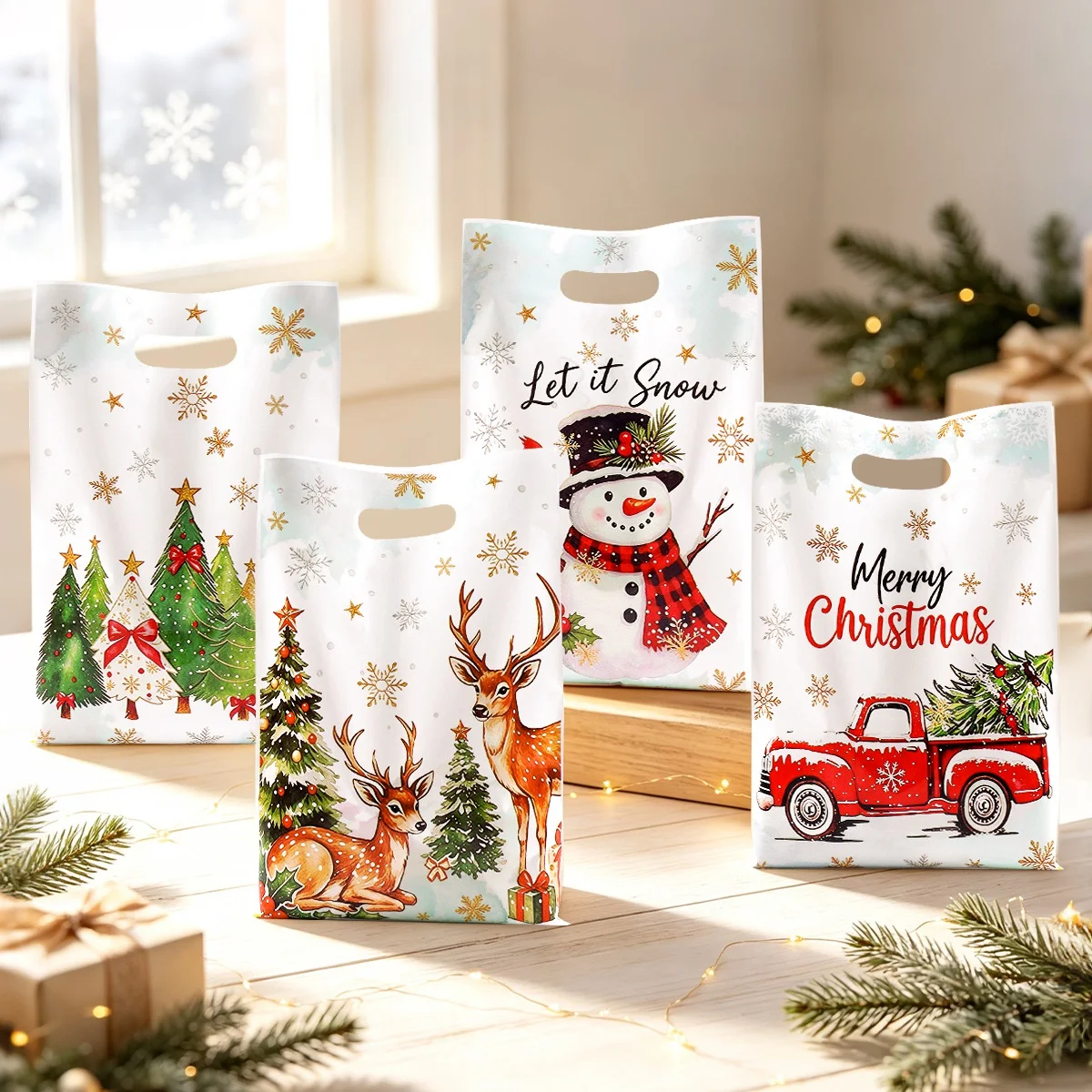 10/20/50 Stück Weihnachtsgeschenktüten mit süßem Schneemann- und Weihnachtsbaum-Druck, Geschenktüten mit Griff, Geschenkverpackungstüten, Weihnachtsdekoration 2026 – Detail 6