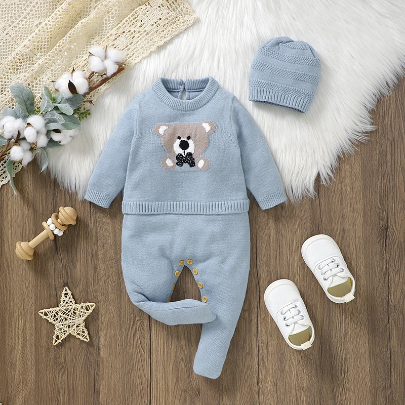 

Baby Rompers Hats Clothes Sets 0-18m Autumn Winter Newborn Boys Girls Jumpsuits Outfits 2pc/Set Long Sleeve Toddler Knit Costume
