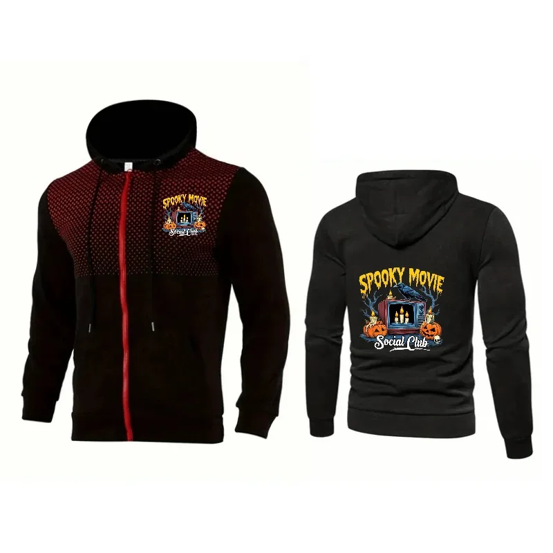 Men's Hooded Jacket Blue Spooky Movie Social Club Printed Halloween Party Costume Casual Wear for Men