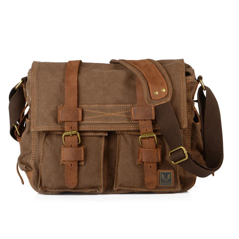 Vintage canvas and Crazy horse leather waterproof messenger bag for men and women single shoulder outdoor casual crossbody bag