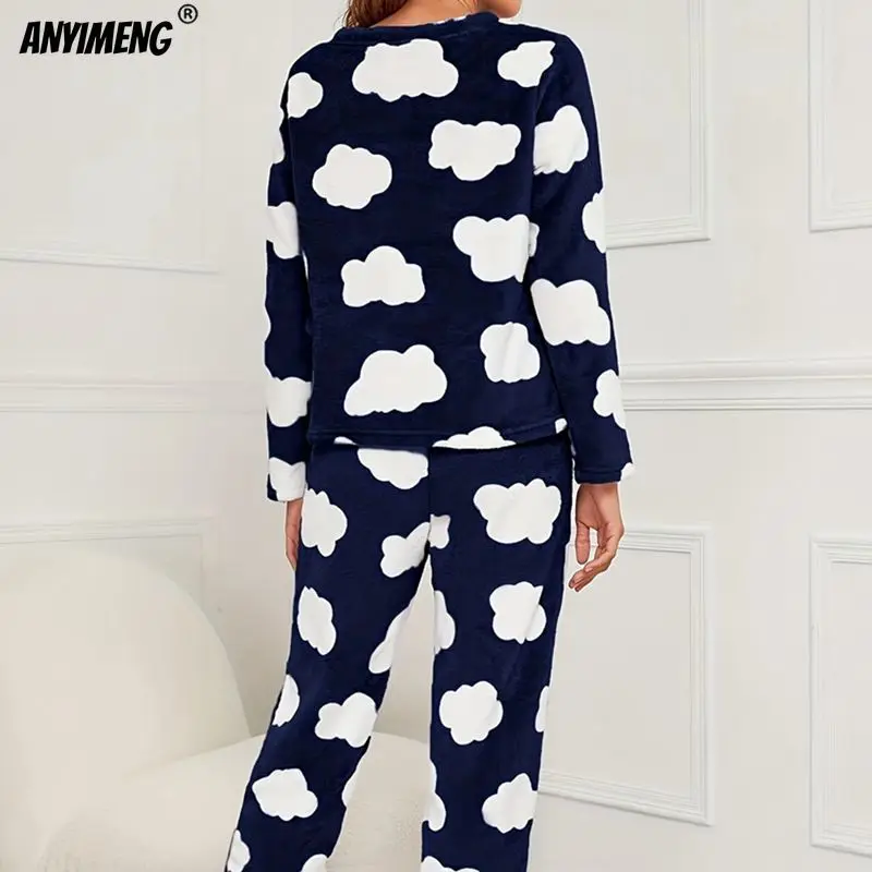 Navy Clouds Women Winter Pajamas Set Soft Flannel Fluffy Sleepwear Thermal Fashion Pijama Leisure Homewear Girl Velvet Nightwear