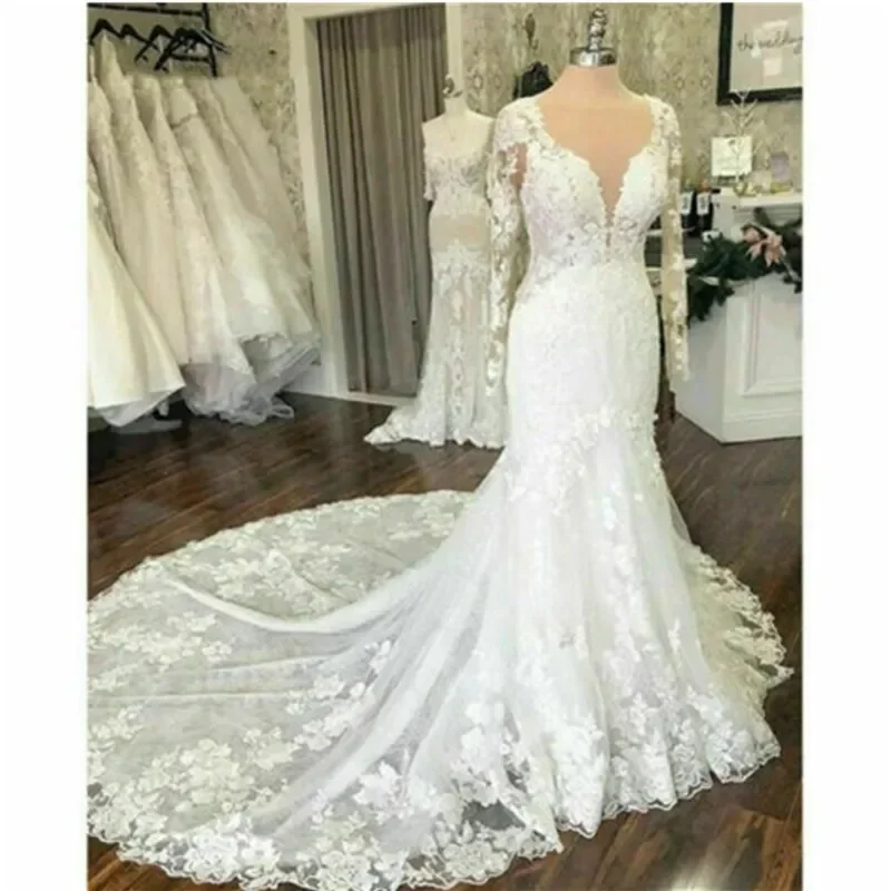 Customized V Neck Lace Appliques Mermaid Wedding Dress  Vintage Vestido De Noiva Sereia Beach Full Sleeve Bridal Gowns