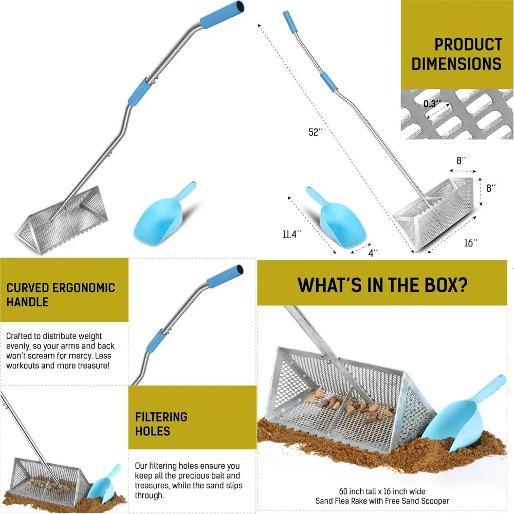 

52 Heavy-Duty Beach Rake with 16 Basket, Crab Catcher, and Ergonomic Handle for Collecting Seashells and Debris