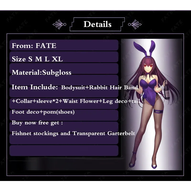 Fate Grand Order Game Cos FGO Scathach Cosplay Kostüm Bunny Girl Sexul Overall mit lila Kaninchen Haarband Netzstrumpf