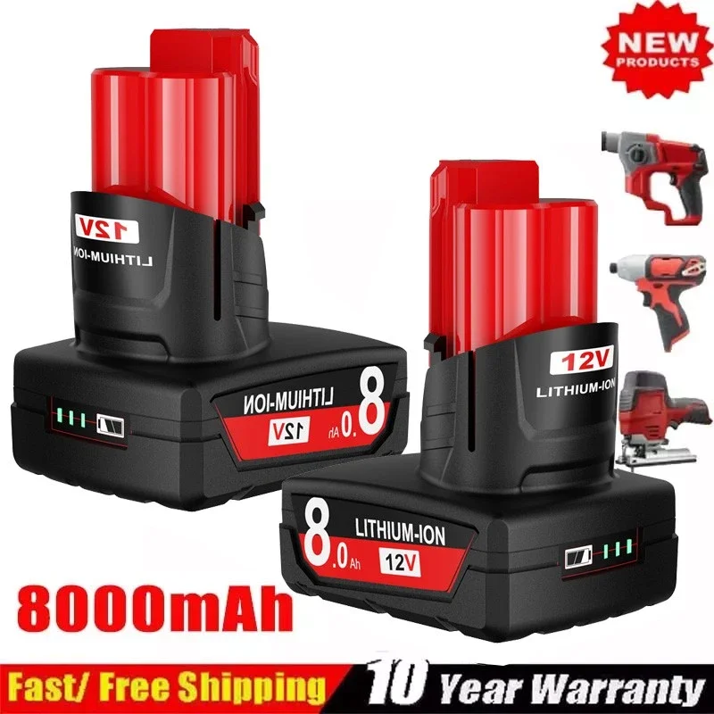 Pour batterie Milwaukee M12 12V 8000mAH pour batterie de remplacement d'outils Milwaukee 12V avec lumière LED 48-11-2402 48-11-2411