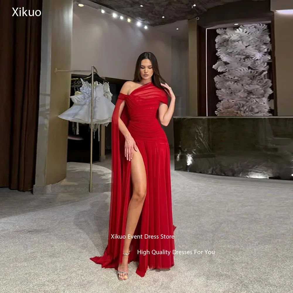 فساتين سهرة شيفون مكشكشة من Xikuo فستان حفلة موسيقية بفتحة جانبية حمراء طول الأرض مثير 2025 فساتين مناسبة خاصة حسب الطلب