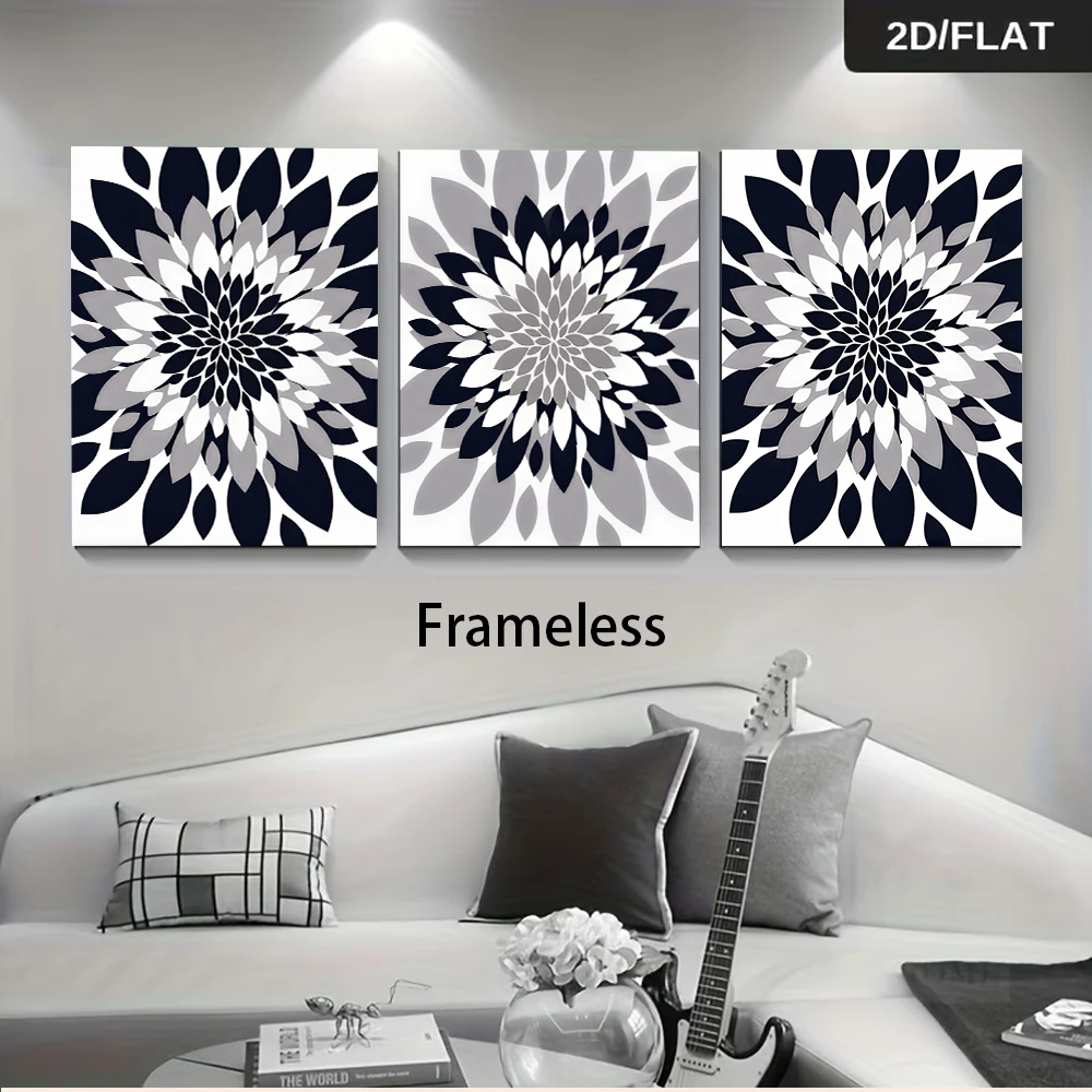 3PCS Large-sized frameless canvas paintings,1 set of modern minimalist blue-gray floral triptych frameless decorative paintings,