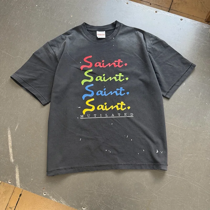 

25SS High Quality Saint White Tshirt Fashion High Street Washed Distressed Vintage Loose Men Women Niche Summer Style