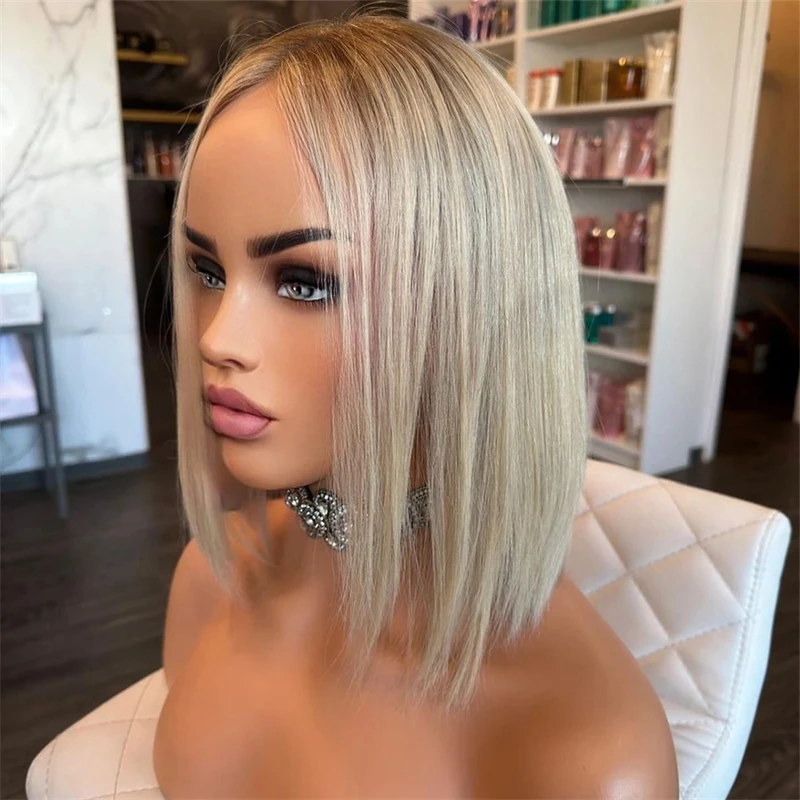 Perruque Bob Synthétique Courte et Lisse avec Racines Foncées, Blonde Ombrée, HD Transparente, Naissance des Cheveux Réaliste, Pre-plucked