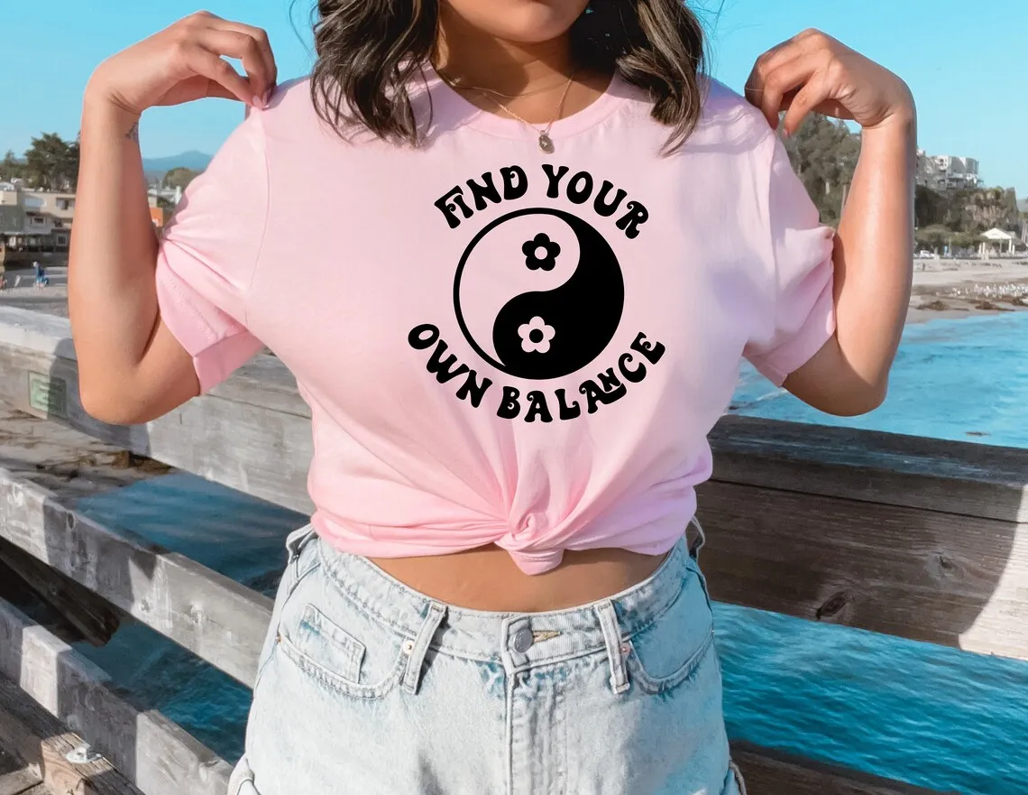 Skuggnas Find Your Own Balance T-Shirt Balance Shirt Mental Health Matters Cotton t shirts Yin Yang Aesthetic Shirt Trendy Tops