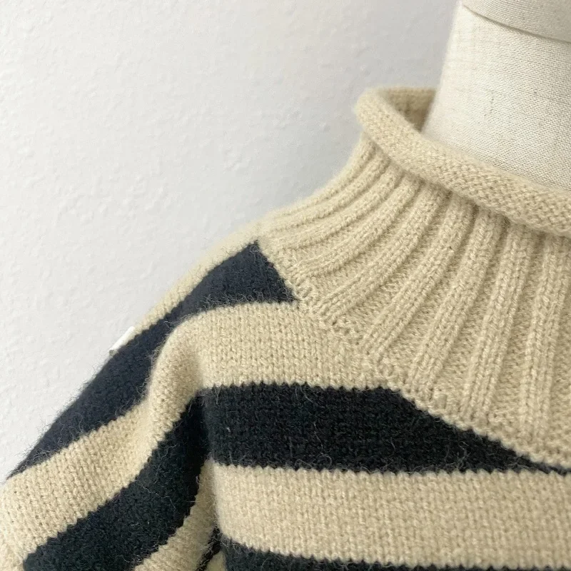 Classic Sweater with Rolled Edge Collar and Striped Pullover Jacket for Children