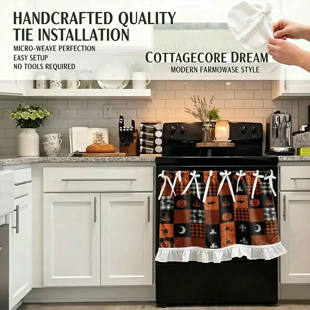 2D Flat, 1pc Kitchen Stove Curtain, Cabinet Curtain, Halloween with 2D Printing Halloween Patchwork Pumpkin Bat Moon Can Be Stove Curtain Oven Valance Kitchen Sink Valance Cabinet Curtain, Makes a Great Addition to Your Theme Home