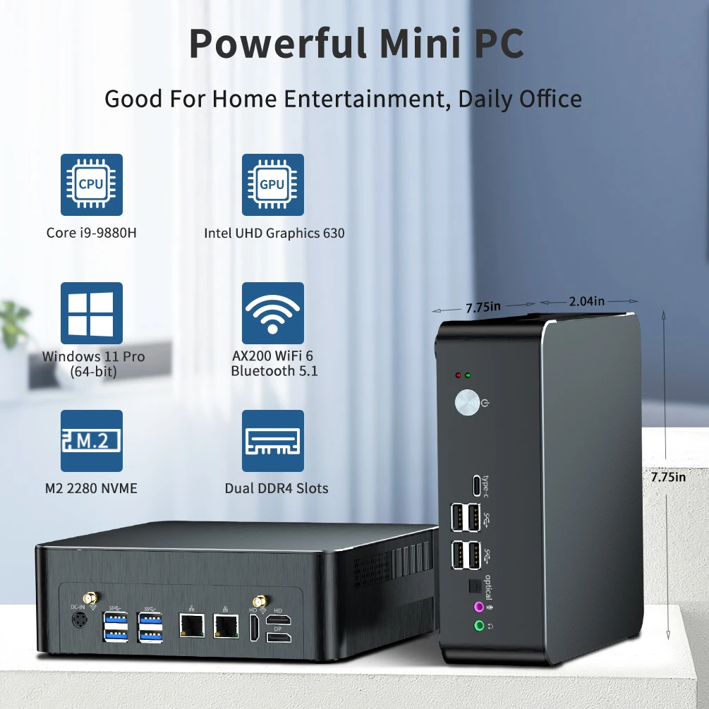 Msecore MV8 Gaming Mini PC Intel Core i9-9880H Biurowy komputer stacjonarny Windows 11 MINIPC Przenośny 2*Lan DDR4 PCIE HD 4K wifi6e