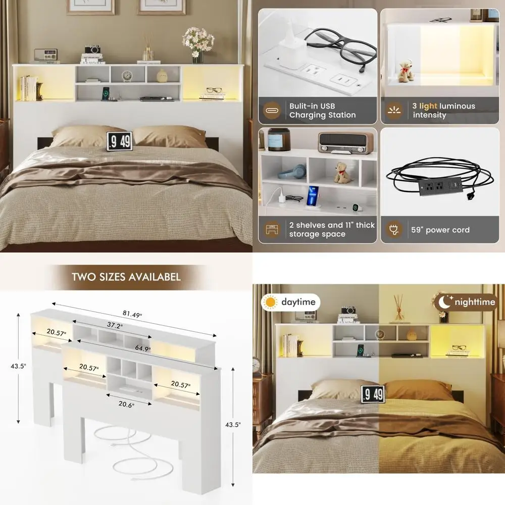 

King Size Storage Bookcase Headboard with USB Charging Station and Power Outlets for Bedroom