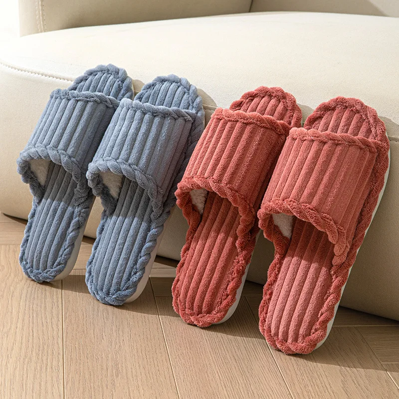 

2025 New Fashionable Minimalist Women's Slippers Indoor Home Non-Slip Men's Shoes Couple Set Striped Cotton Slippers