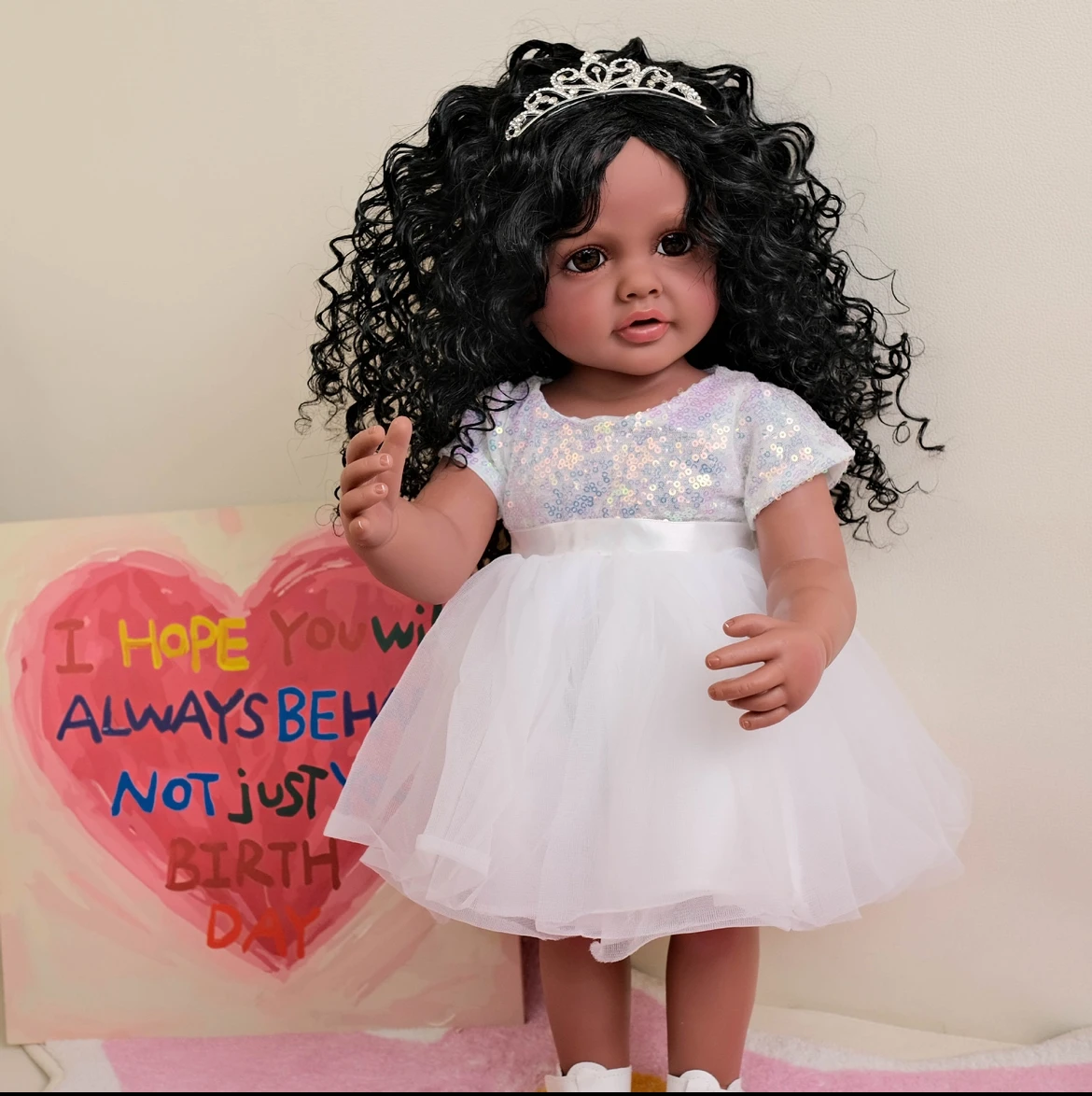 

22"Reborn Baby Girl Doll Betty Soft Vinyl Handmade Deep Skin Tone Collectible with Realistic Facial Details Acrylic Eyes