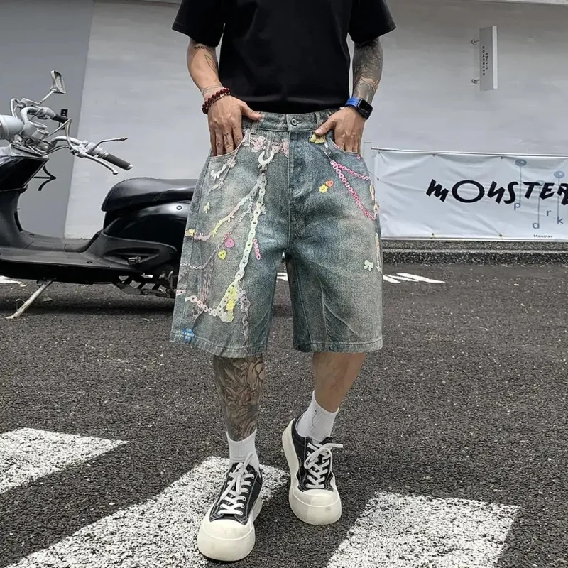 

Retro Faded Denim Shorts for Men with Colorful Chain Print, Loose-Fit Streetwear Style, Trendy Summer Fashion